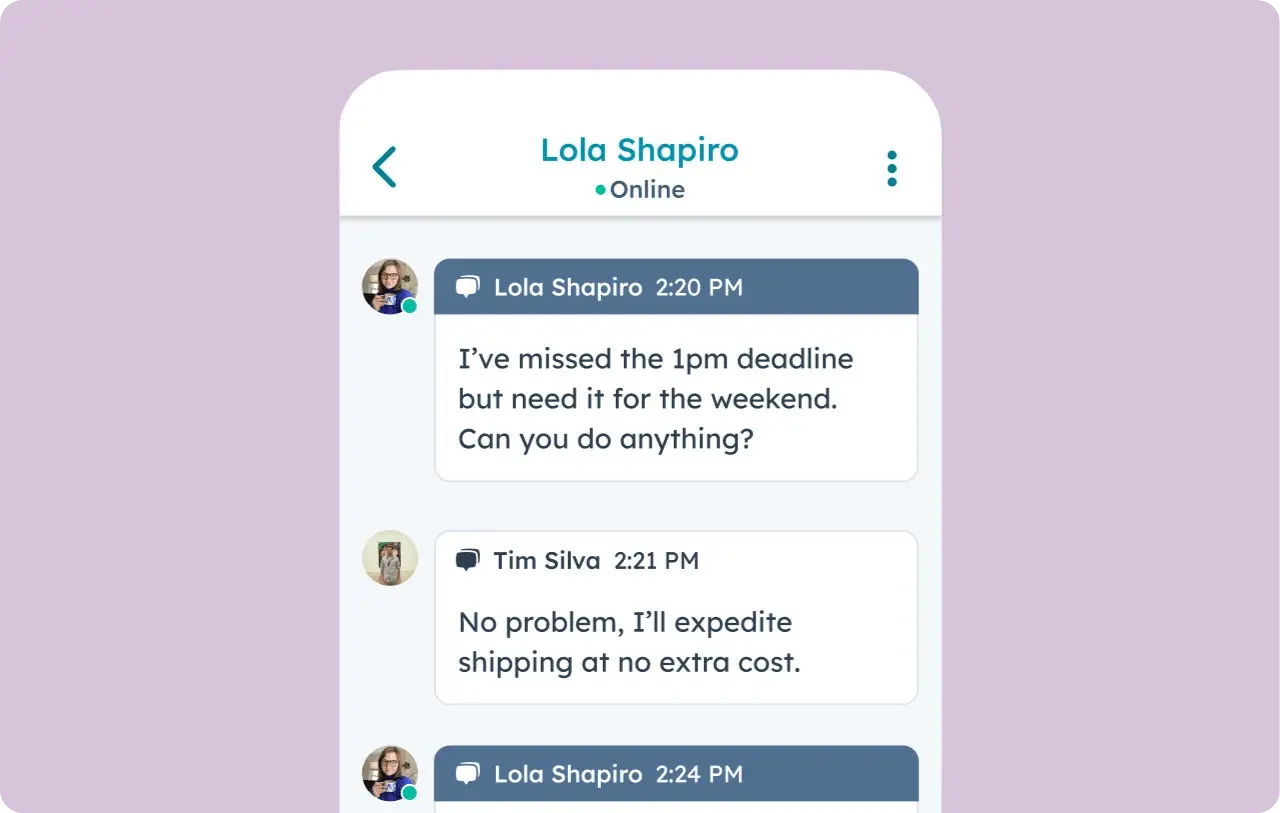 HubSpot mobile app showing customer chat