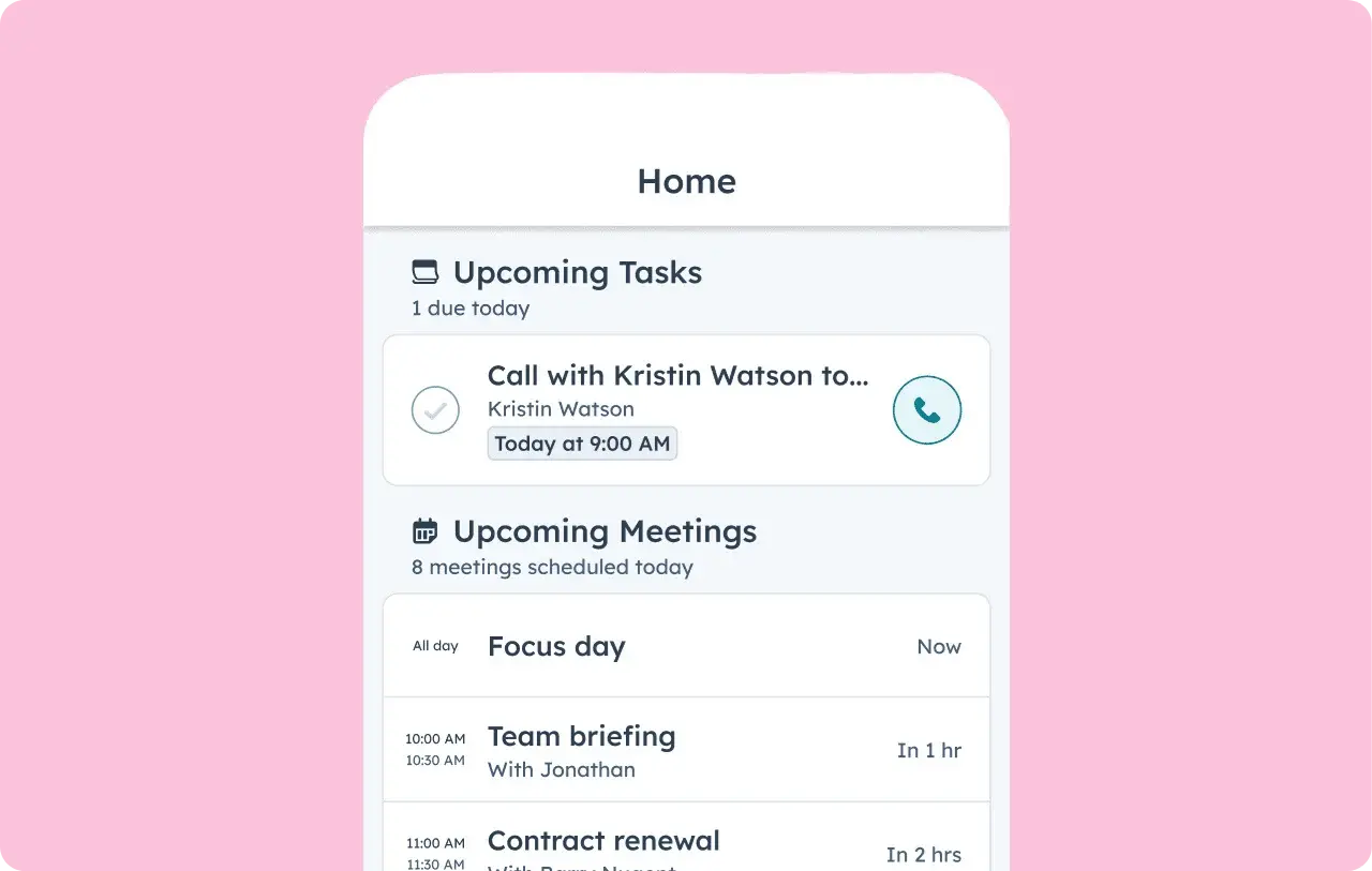 HubSpot mobile app showing upcoming tasks and meetings