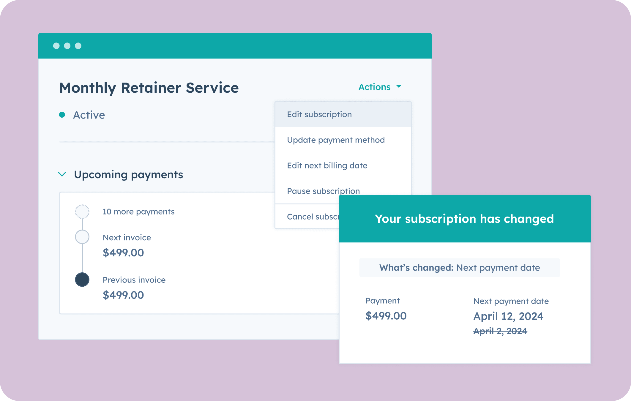 commerce hub user interface showing monthly retainer service
