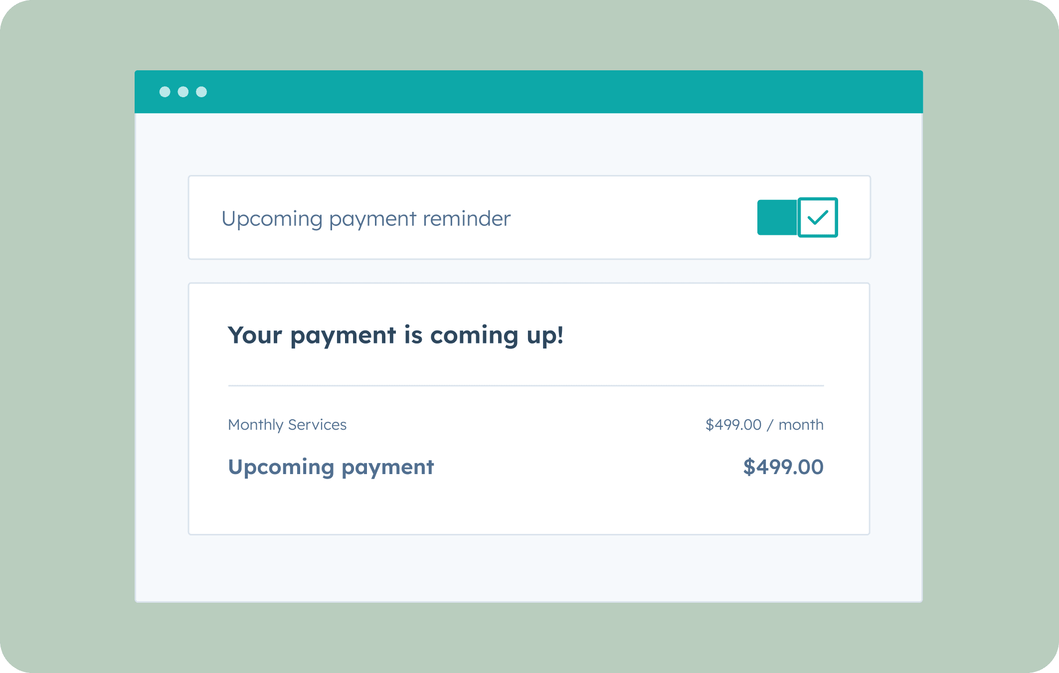 commerce hub user interface showing payment reminders