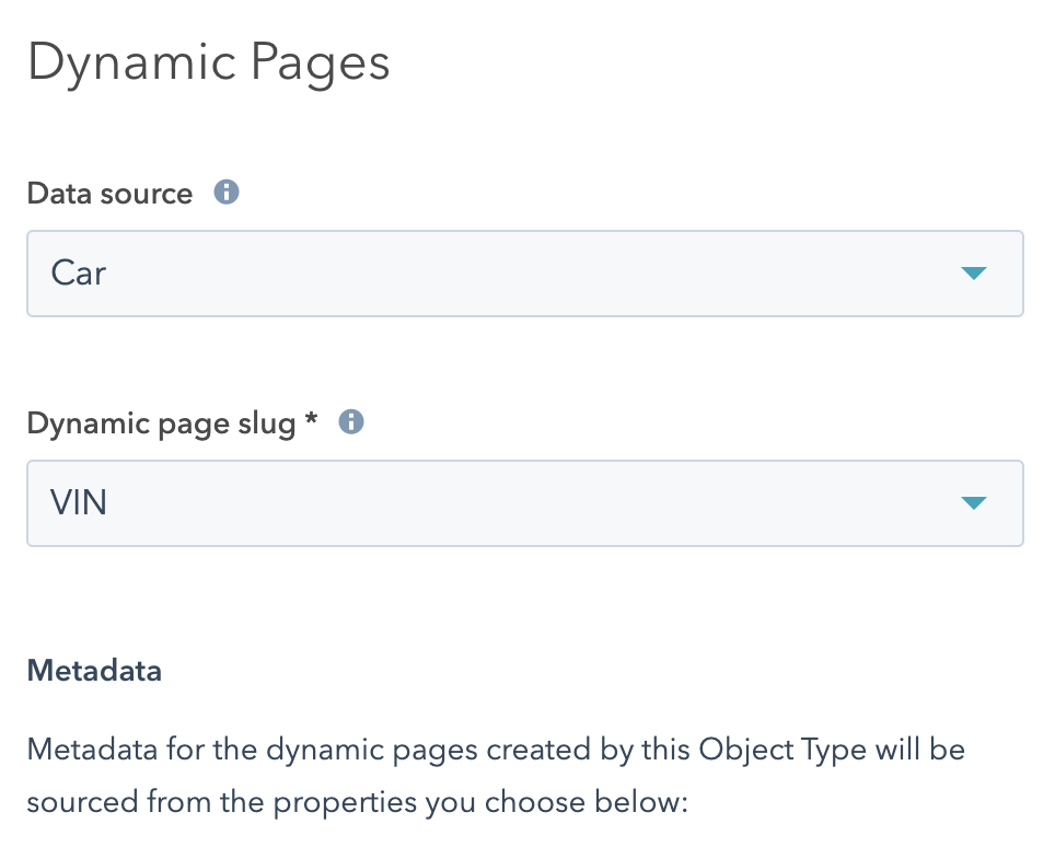 Screenshot of the page editor's page settings screen. It's cropped to only show the data source, and dynamic page slug fields for dynamic pages.