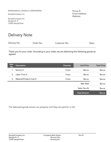 Delivery note template for Microsoft Word and Google Docs