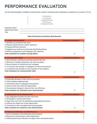 Performance evaluation template for Word