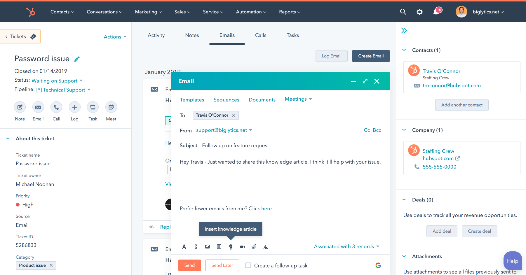  HubSpot ticketing system tool showing emailing from within a ticket