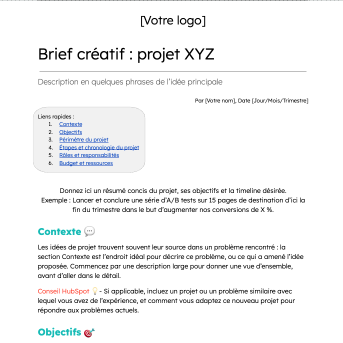 Exemple de brief créatif : première page