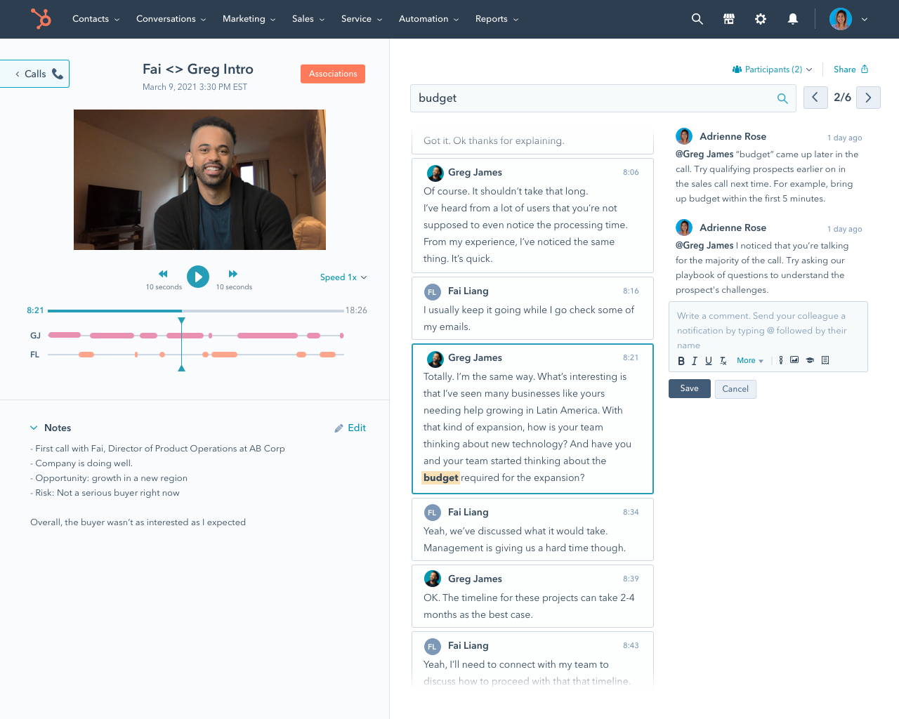 HubSpot sales reporting software showing call review functionality