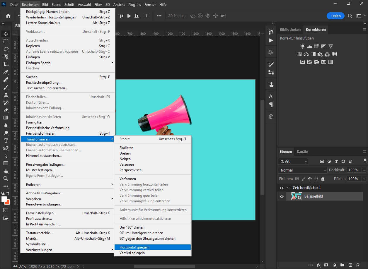 Auswahlmenü bei Bearbeiten von Photoshop