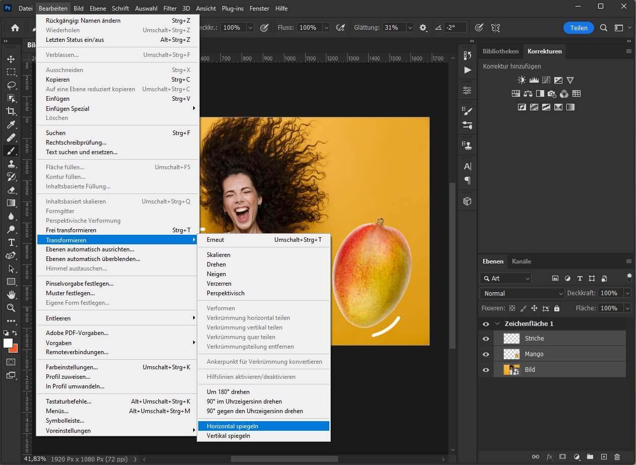 Auswahlmenü bei Bearbeiten von Photoshop