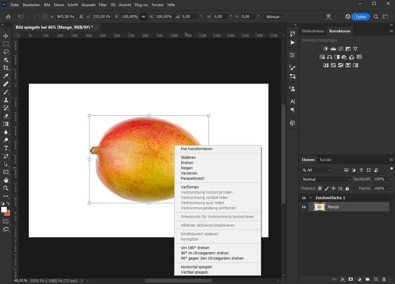 In Photoshop spiegeln mit Shortcuts