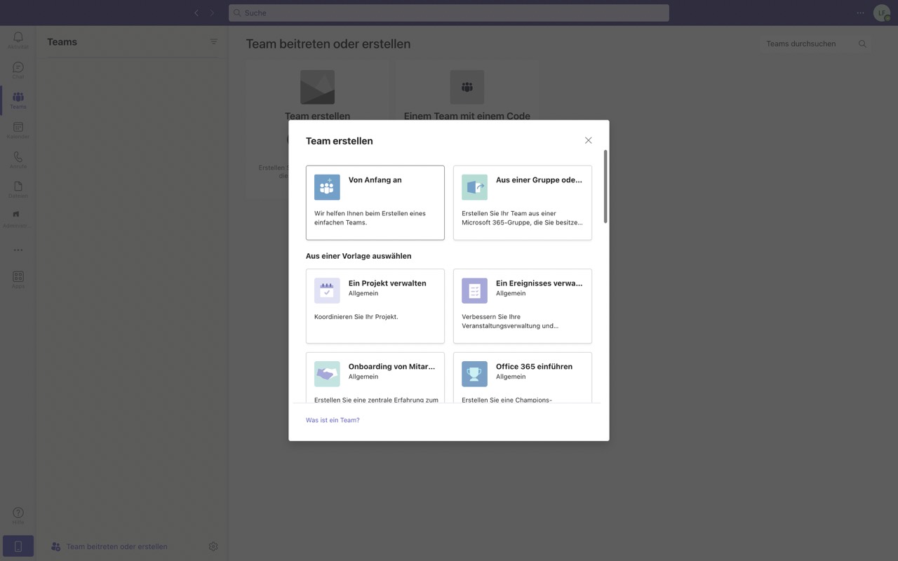 Screenshot von Microsoft Teams, wie man eine Gruppe erstellen kann.