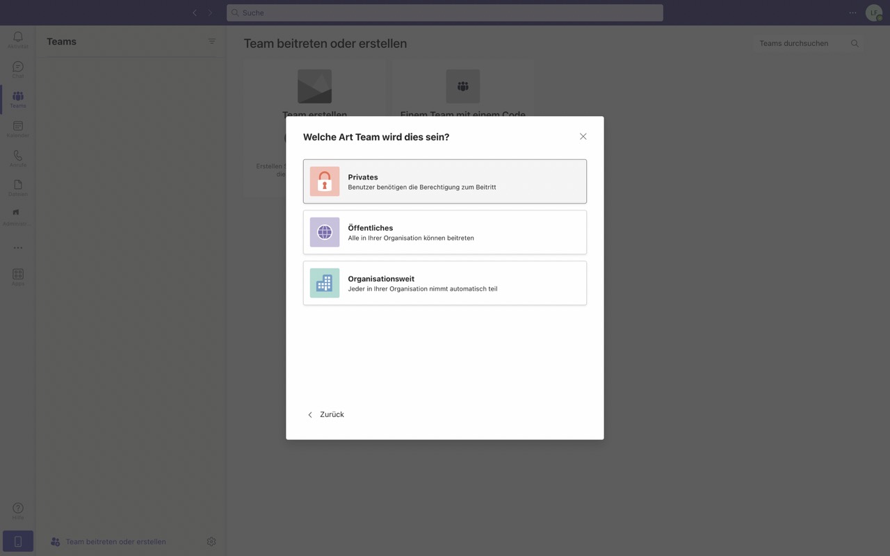 Screenshot von Microsoft Teams, wie man eine Gruppe erstellen kann.