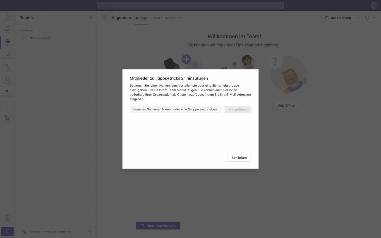 Screenshot, wie Sie externe Personen zu Ihrer Microsoft Teams Gruppe hinzufügen können.