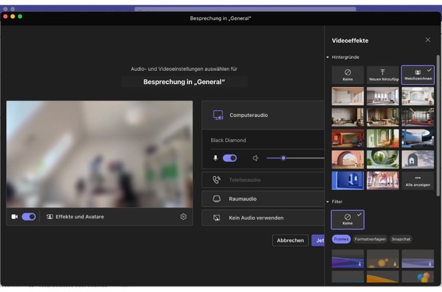Screenshot, wie man Teams-Hintergrund ändert, bevor man an Besprechung teilnimmt