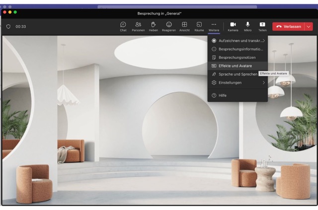 Screenshot, wie man Teams-Hintergrund ändert, während man sich mit Desktop-PC oder Laptop in Besprechung befindet