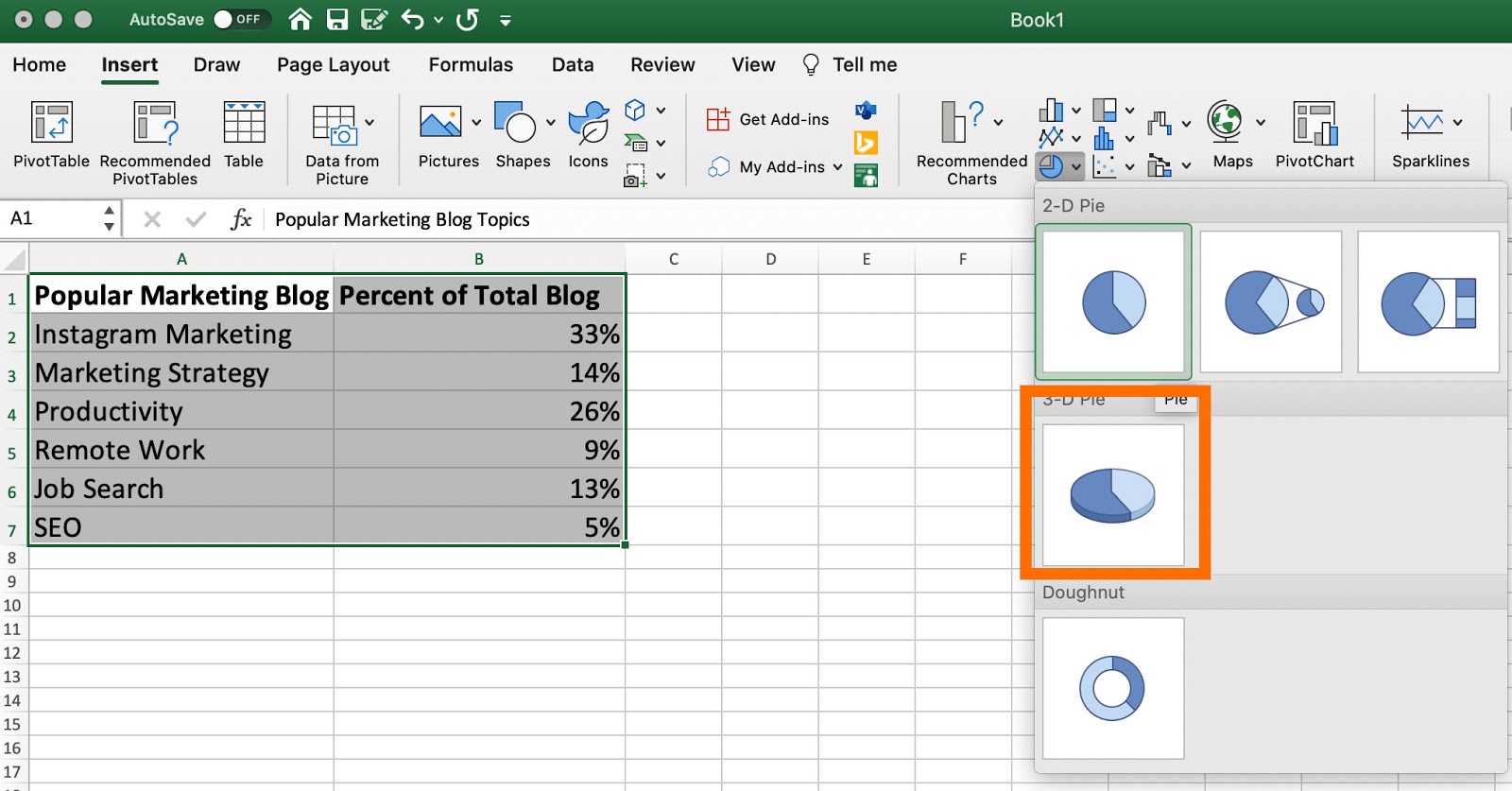 The 3-D option for pie charts in excel to create a 3-dimensional version.