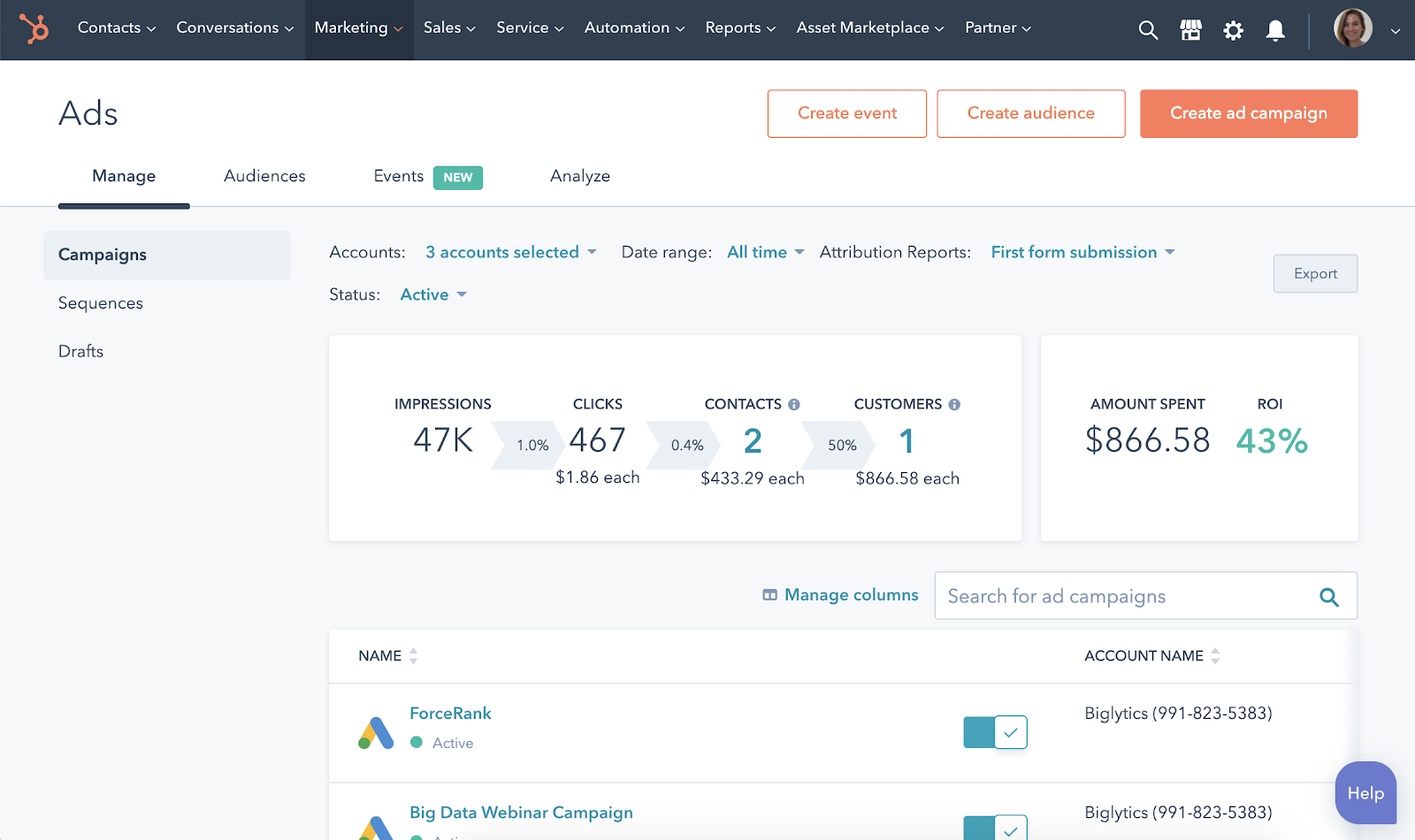 HubSpot's free ad tracking software