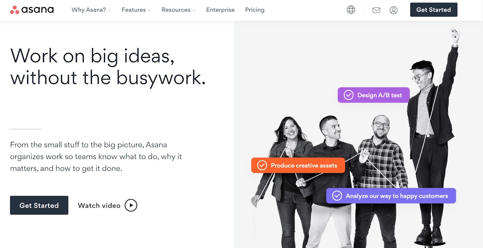 Marketing Variables to A/B Test: Asana website layout using white space to highlight headline and CTA