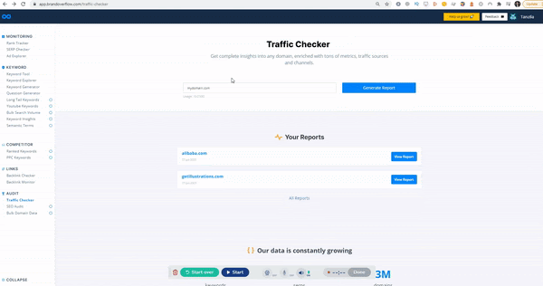 check website traffic: Brandoverflow dashboard showing user entering URL into traffic checker