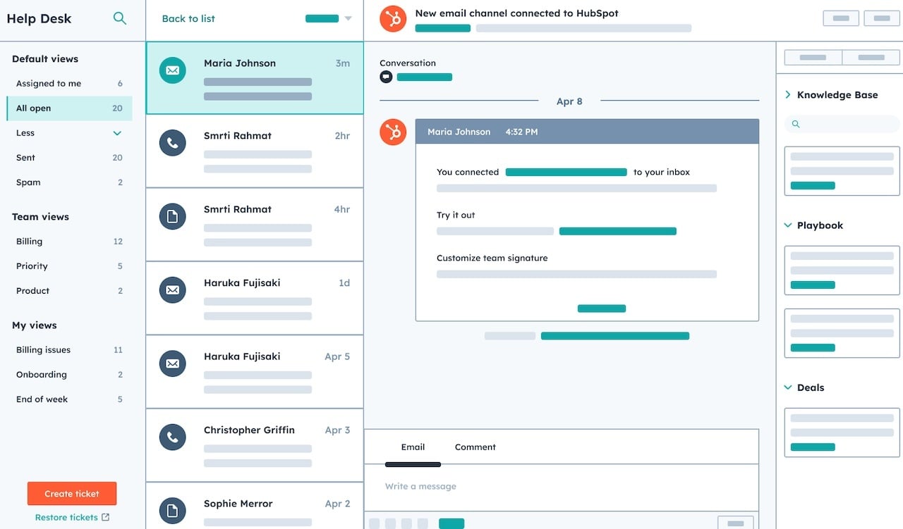 Simplified user interface in HubSpot showing the HubSpot help desk interface 