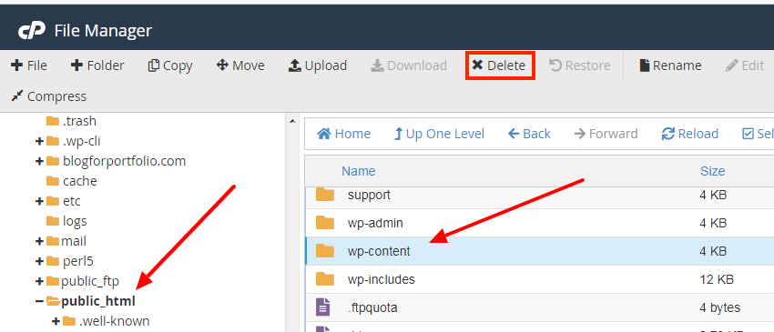 Delete the wp-content folder to to continue resetting WordPress without a plugin