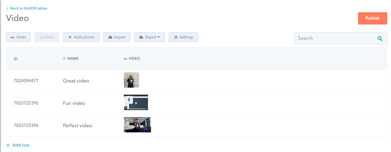 HubDB UI with videos selected HubDB UI with videos selected