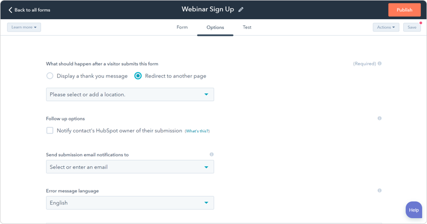 HubSpot forms tool showing setup of form follow-up emails