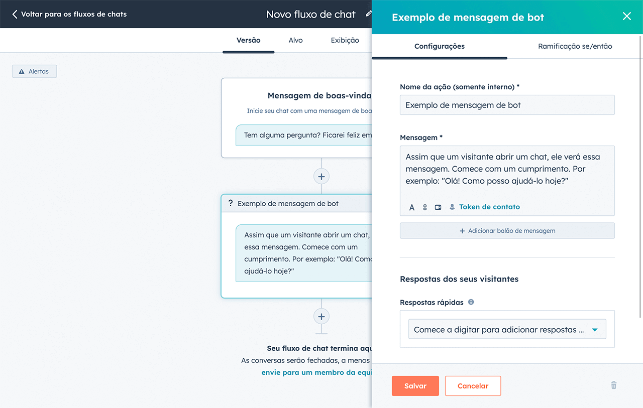 como criar um chatbot - interface do editor de chatbots da HubSpot