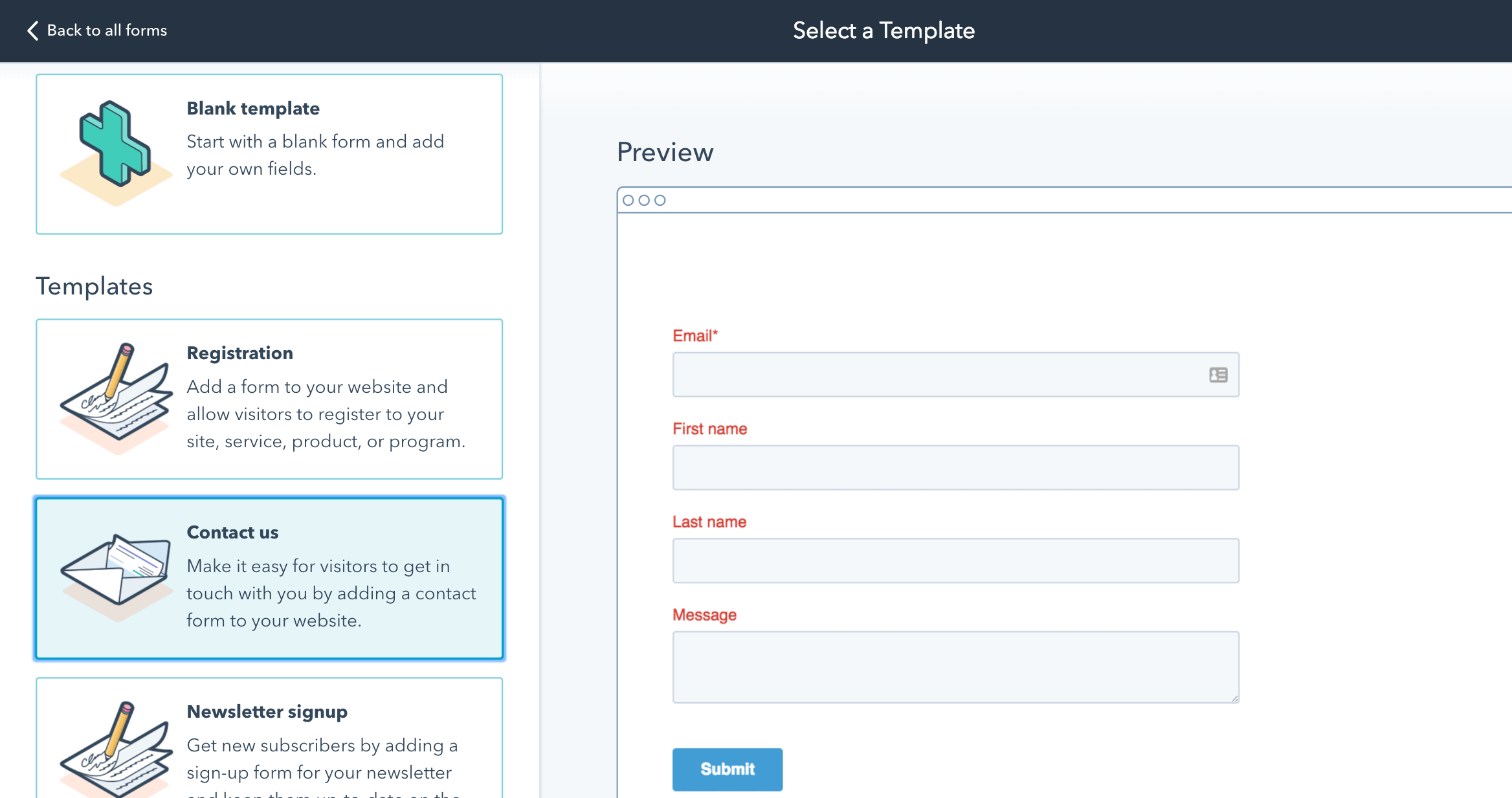 Easy-to-use interface of HubSpot's free form maker.