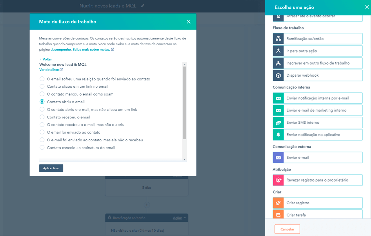 captura de tela mostra fluxo de trabalho sendo criado na ferramenta de automação de marketing da HubSpot