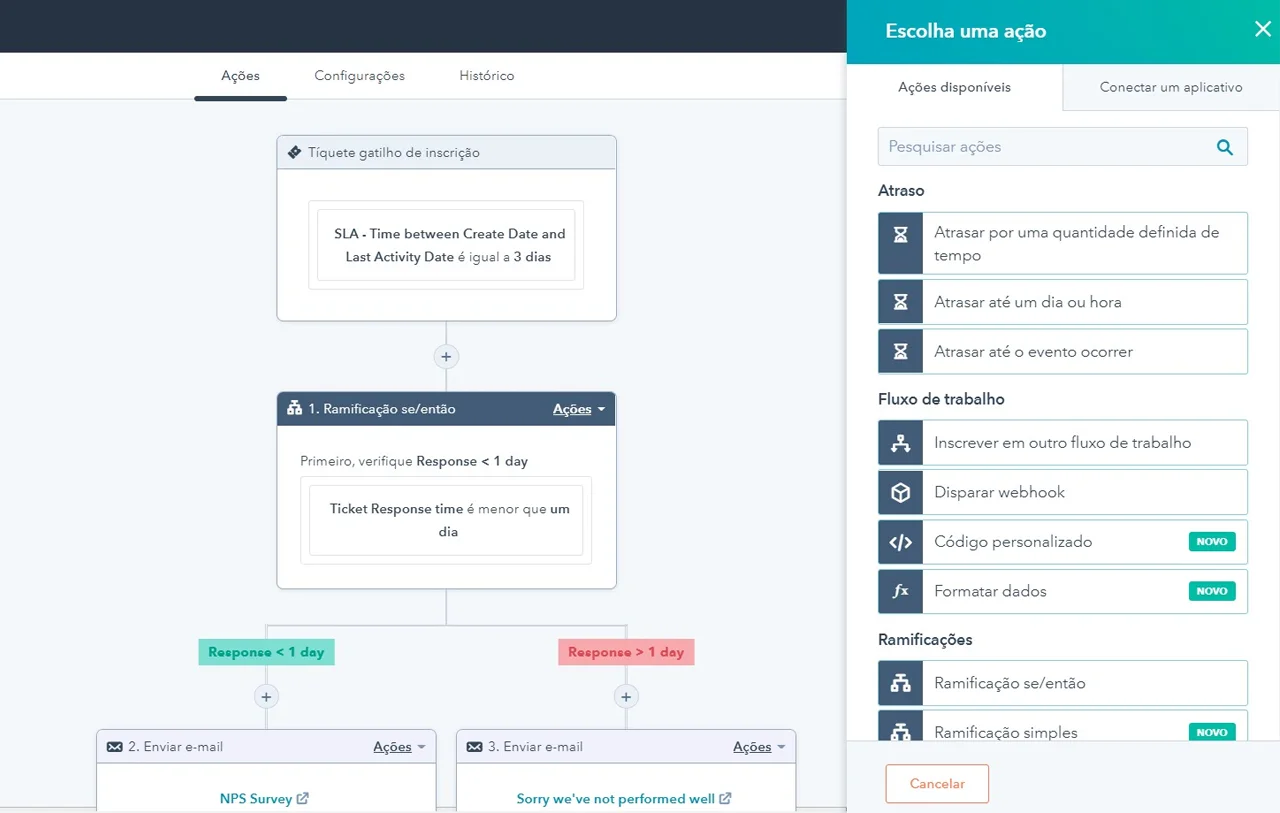 captura de tela do atendimento automatizado ao cliente no software da HubSpot