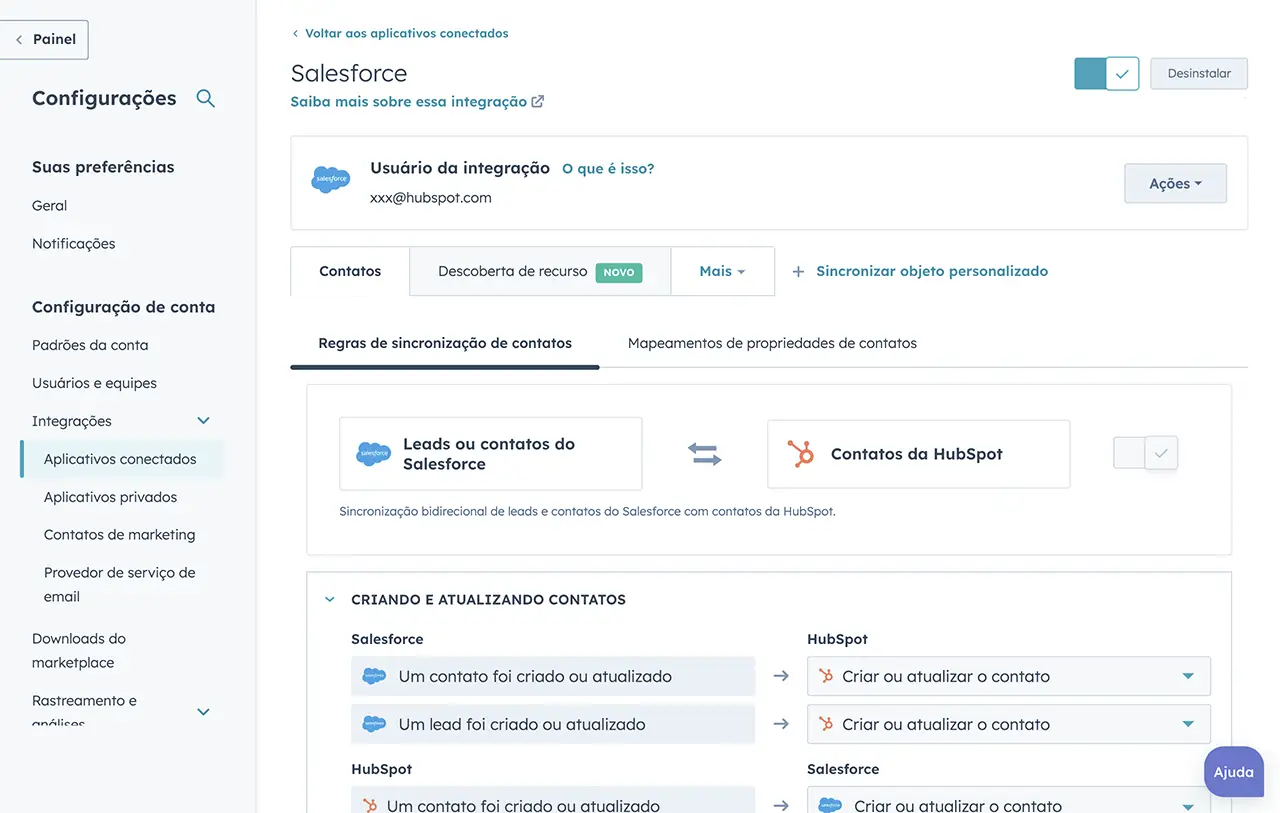 captura de tela da integração entre a HubSpot e a Salesforce
