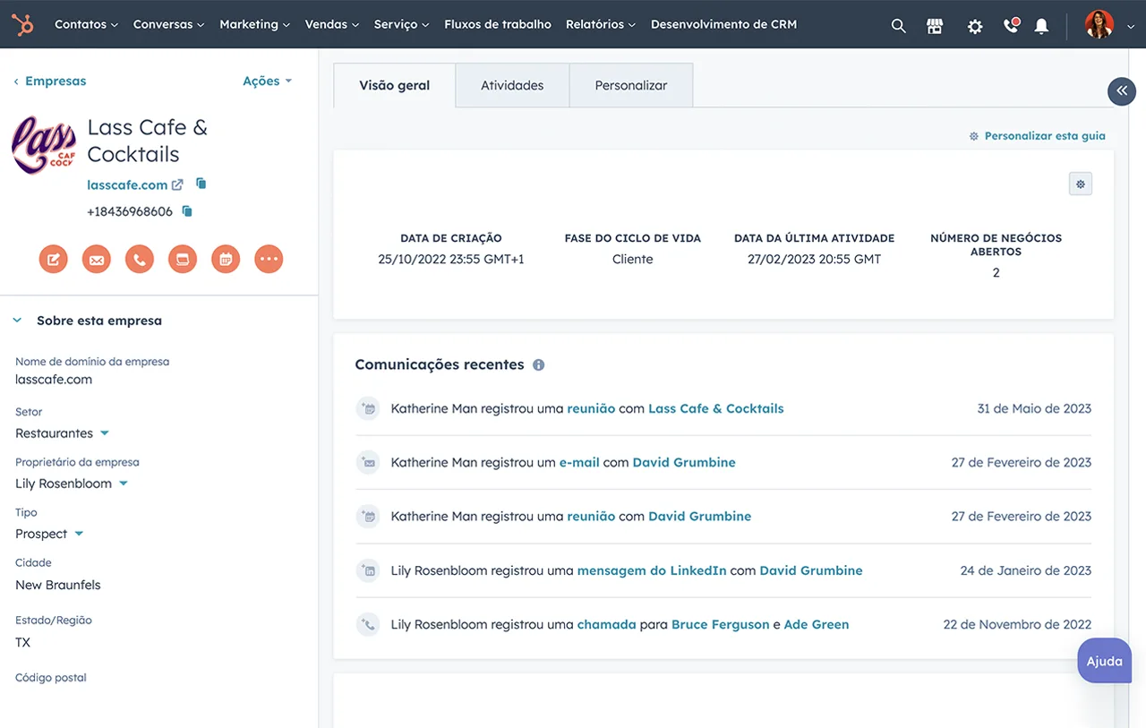 captura de tela do software de lead management da HubSpot mostra gestão de dados e informações de contato
