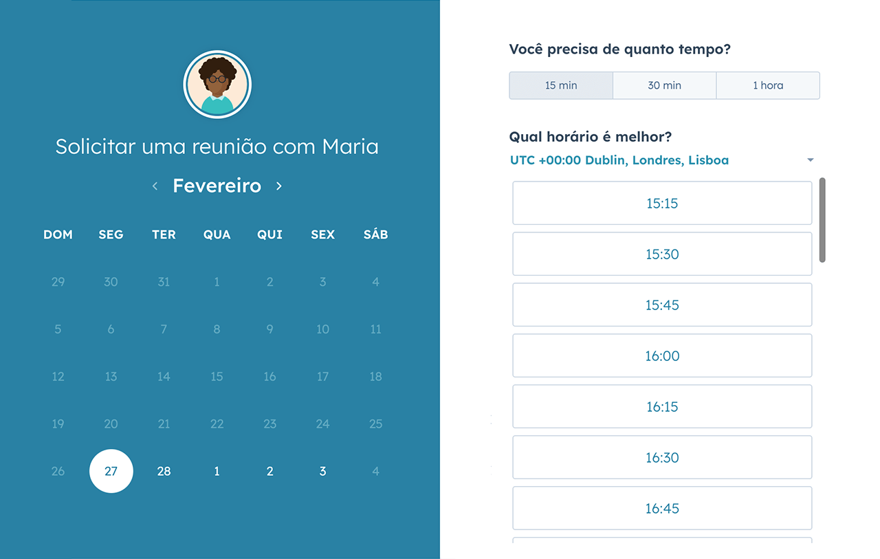 captura de tela do app de agendamento de reuniões da HubSpot 