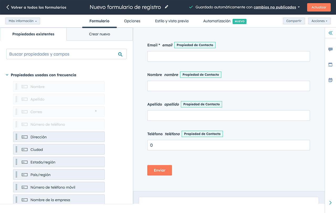 Herramienta de formularios de HubSpot con interfaz de edición