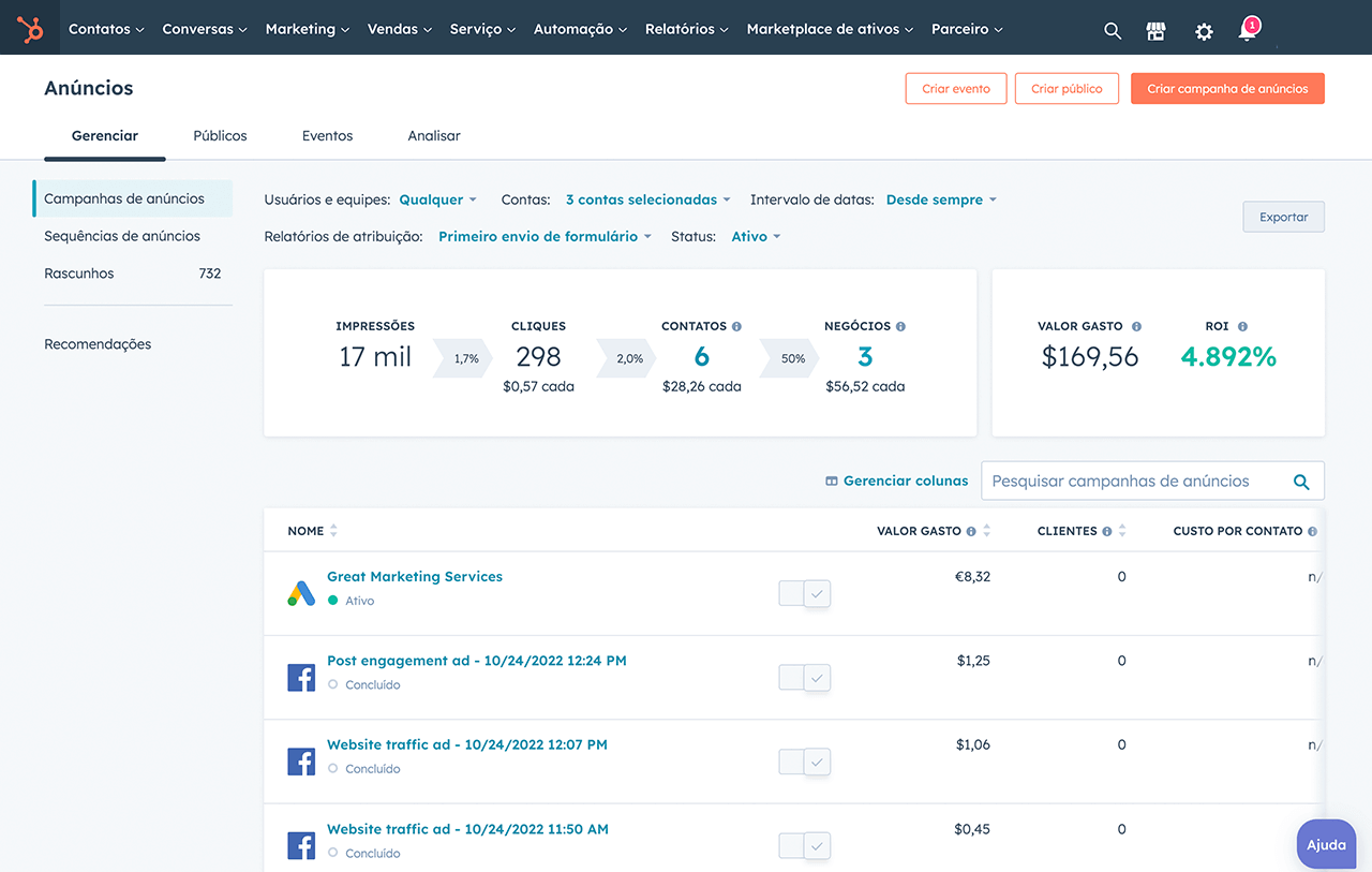 captura de tela da criação de relatórios no software gerenciador de anúncios da HubSpot 