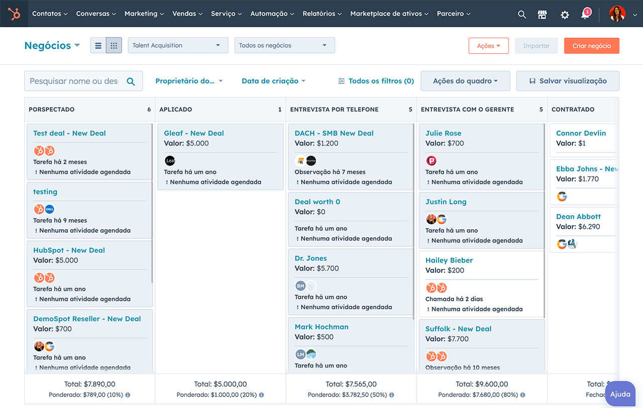 screenshot do Painel de vendas do software de gerenciamento do pipeline de vendas da HubSpot