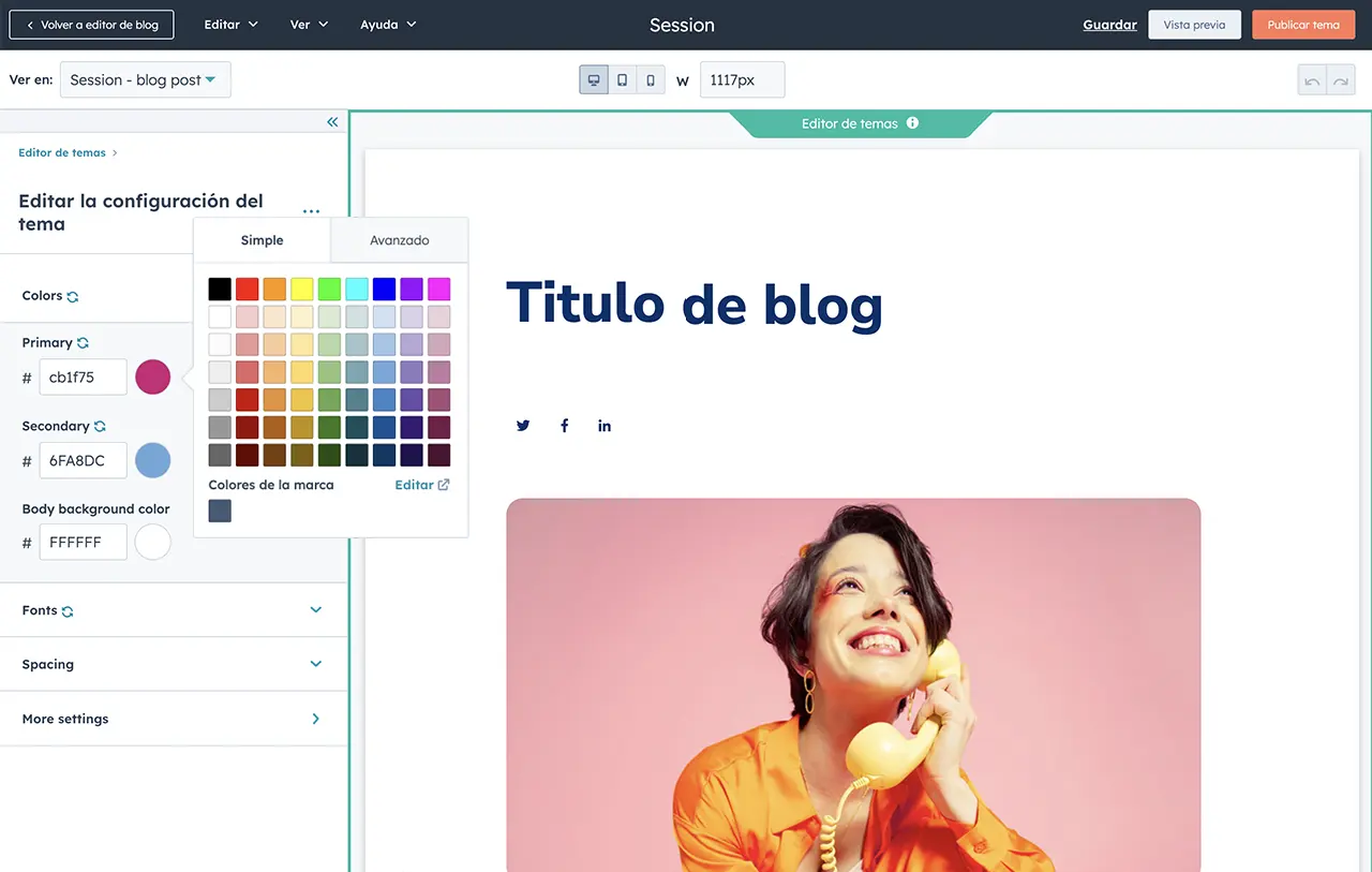 Opciones para personalizar el diseño del blog en el creador de blogs de HubSpot