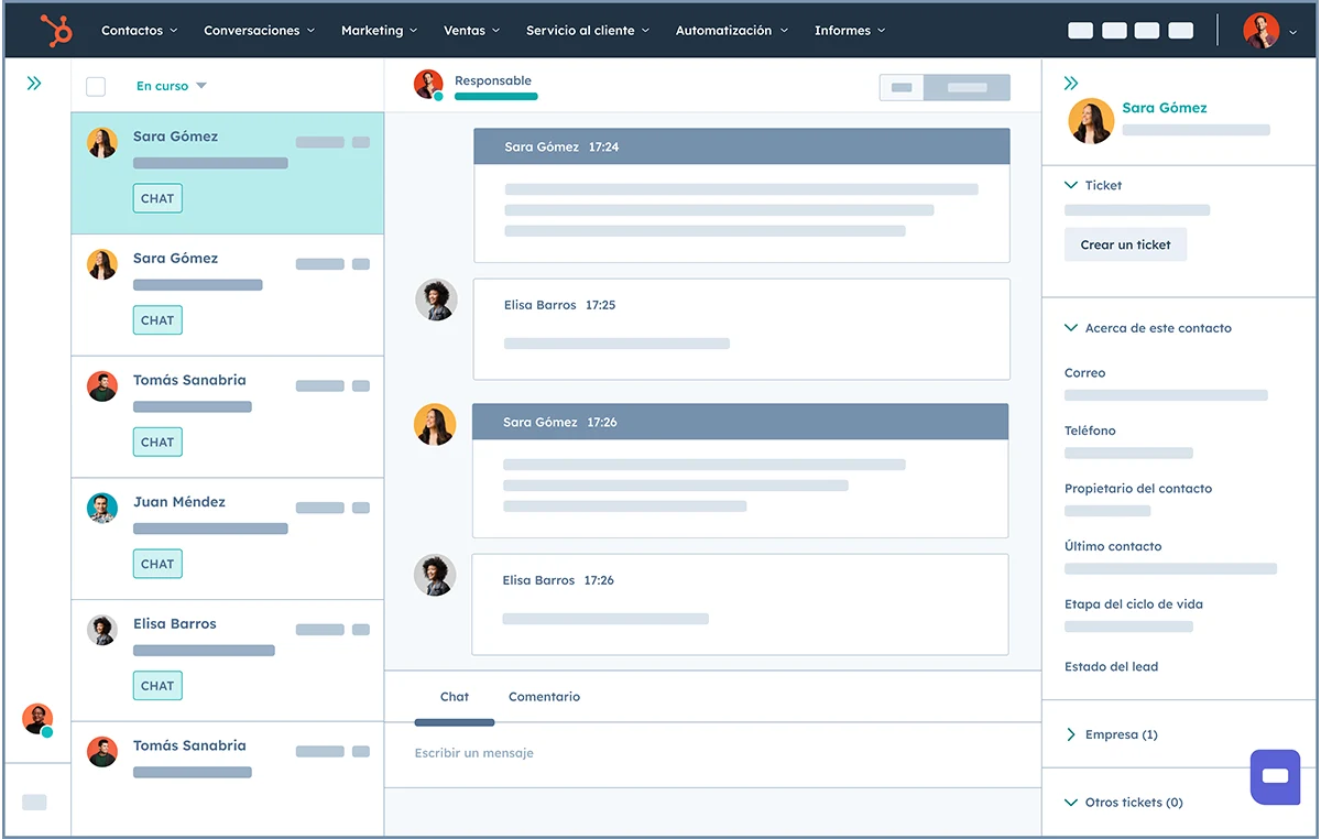 Captura de pantalla del centro de ayuda o helpdesk de HubSpot mostrando las conversaciones.