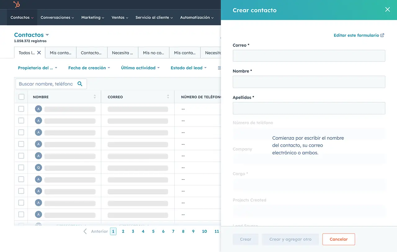 Captura de pantalla del software de gestión de contactos de HubSpot donde se muestra cómo crear un contacto.