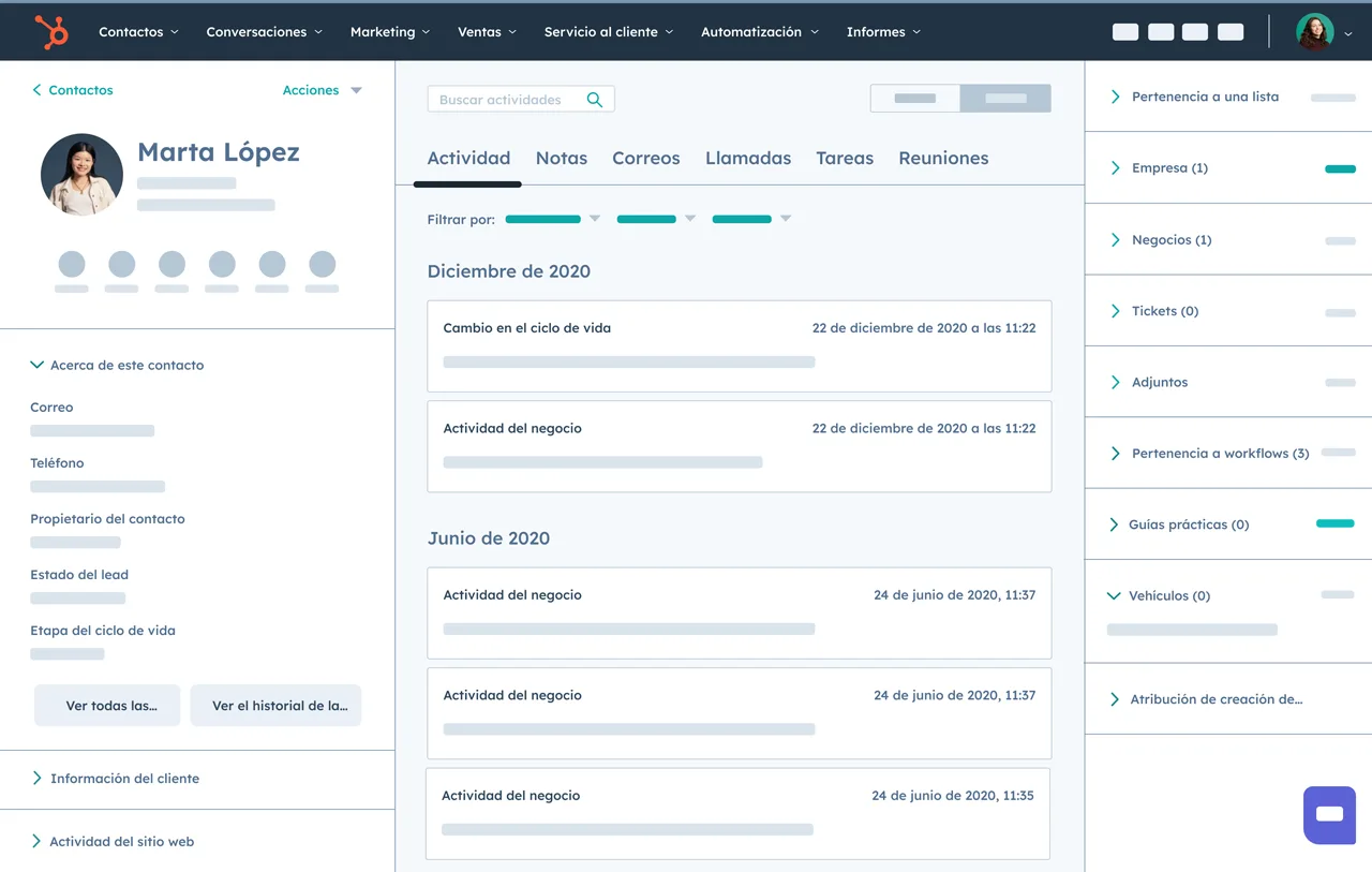 Captura de pantalla del software de gestión de contactos de HubSpot donde se muestra un registro de contacto.