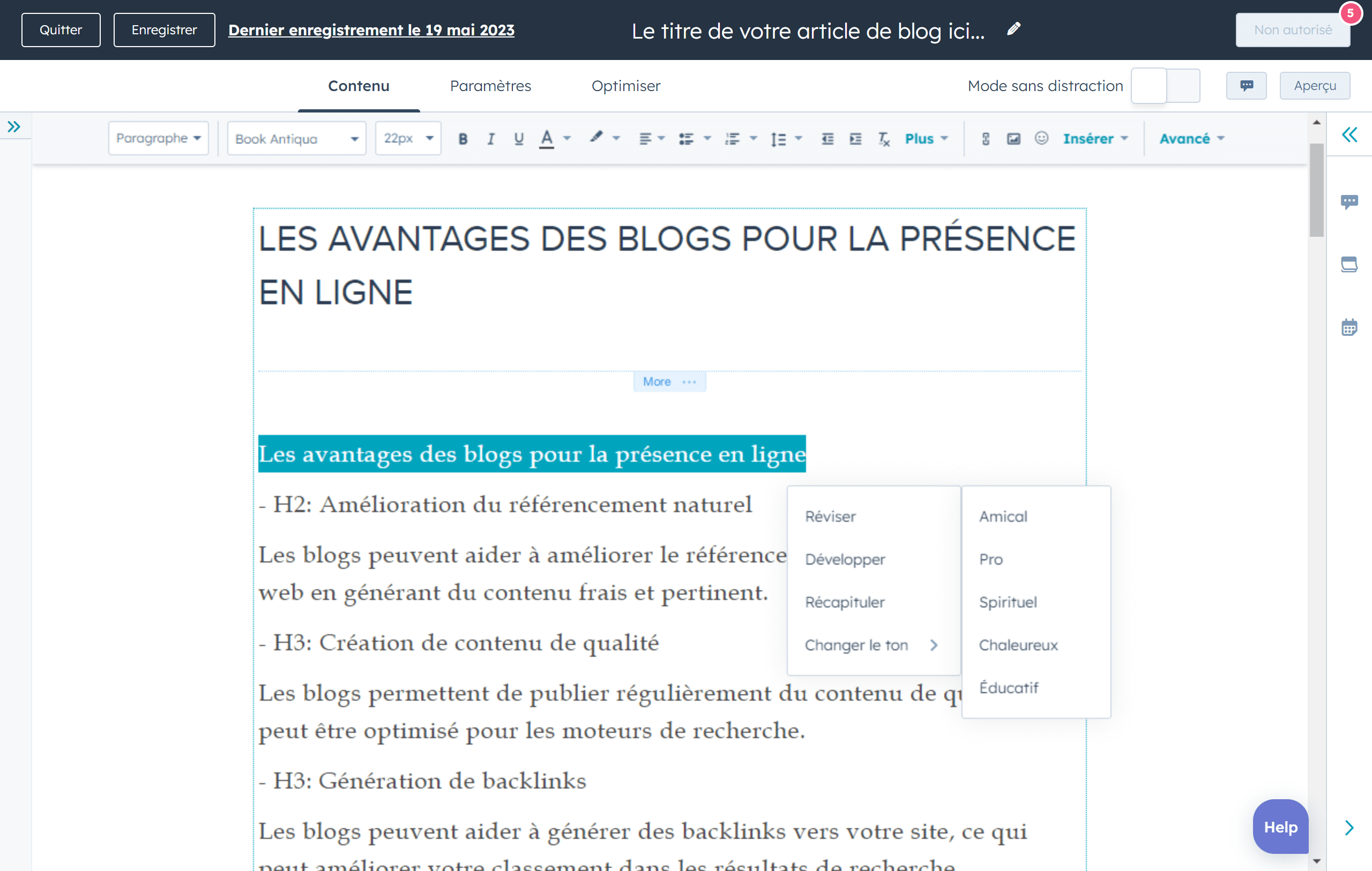 Reformulateur de paragraphe de HubSpot paraphrasant le texte d'une page de destination