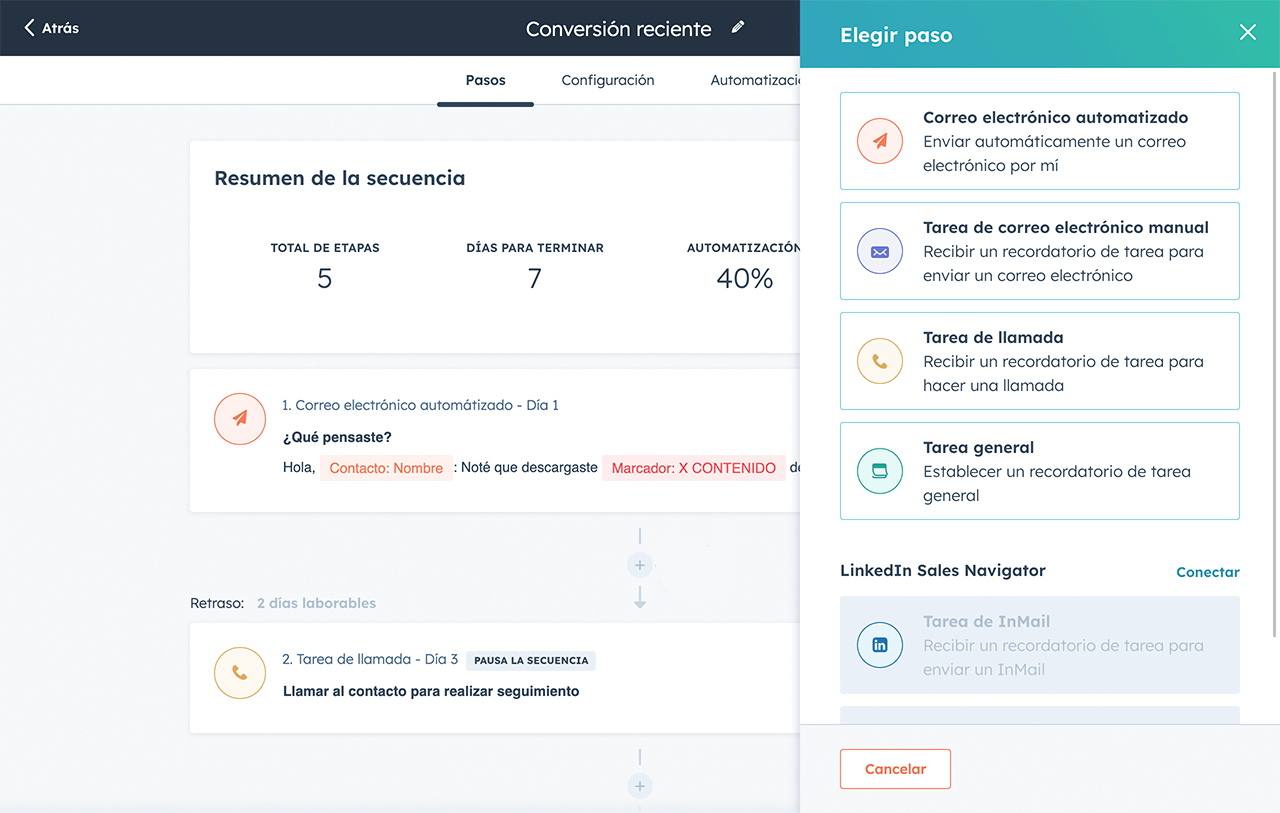 Imagen de las herramientas de automatización de ventas de HubSpot mostrando los pasos para crear una nueva secuencia