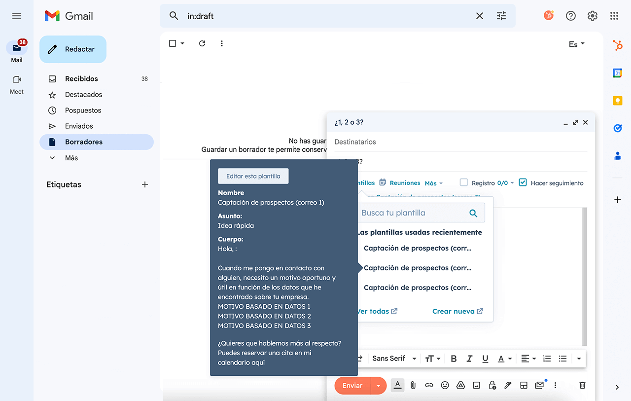 Imagen de las herramientas de automatización de ventas de HubSpot mostrando cómo editar una plantilla en la bandeja de entrada de correo electrónico