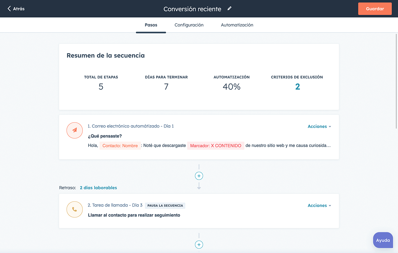 Imagen de la interfaz de secuencias de las herramientas de automatización de ventas de HubSpot