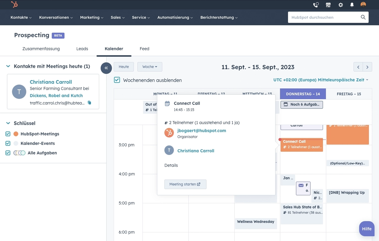 HubSpot Interface Überblick über Kalender mit Leads