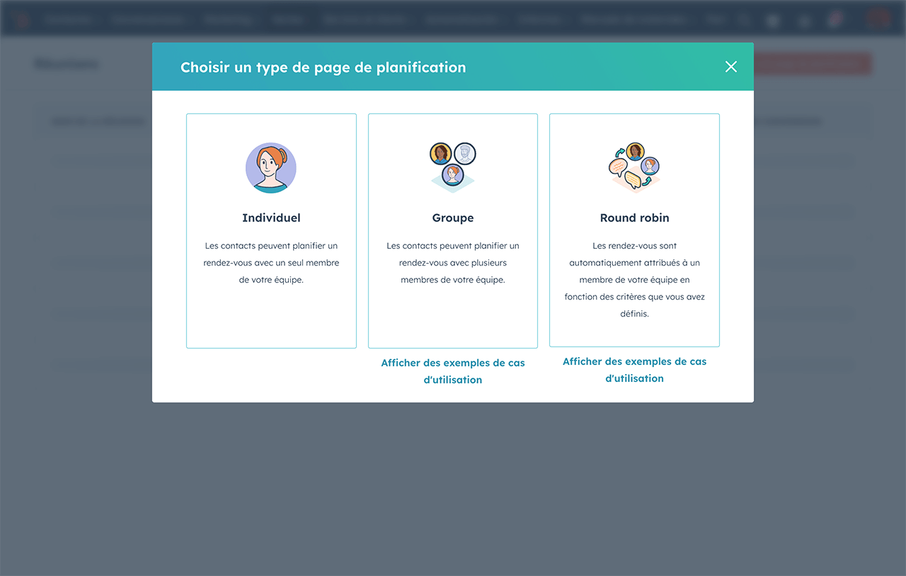 Interface personnalisable de l'outil de réunions de HubSpot avec les liens round robin et groupés