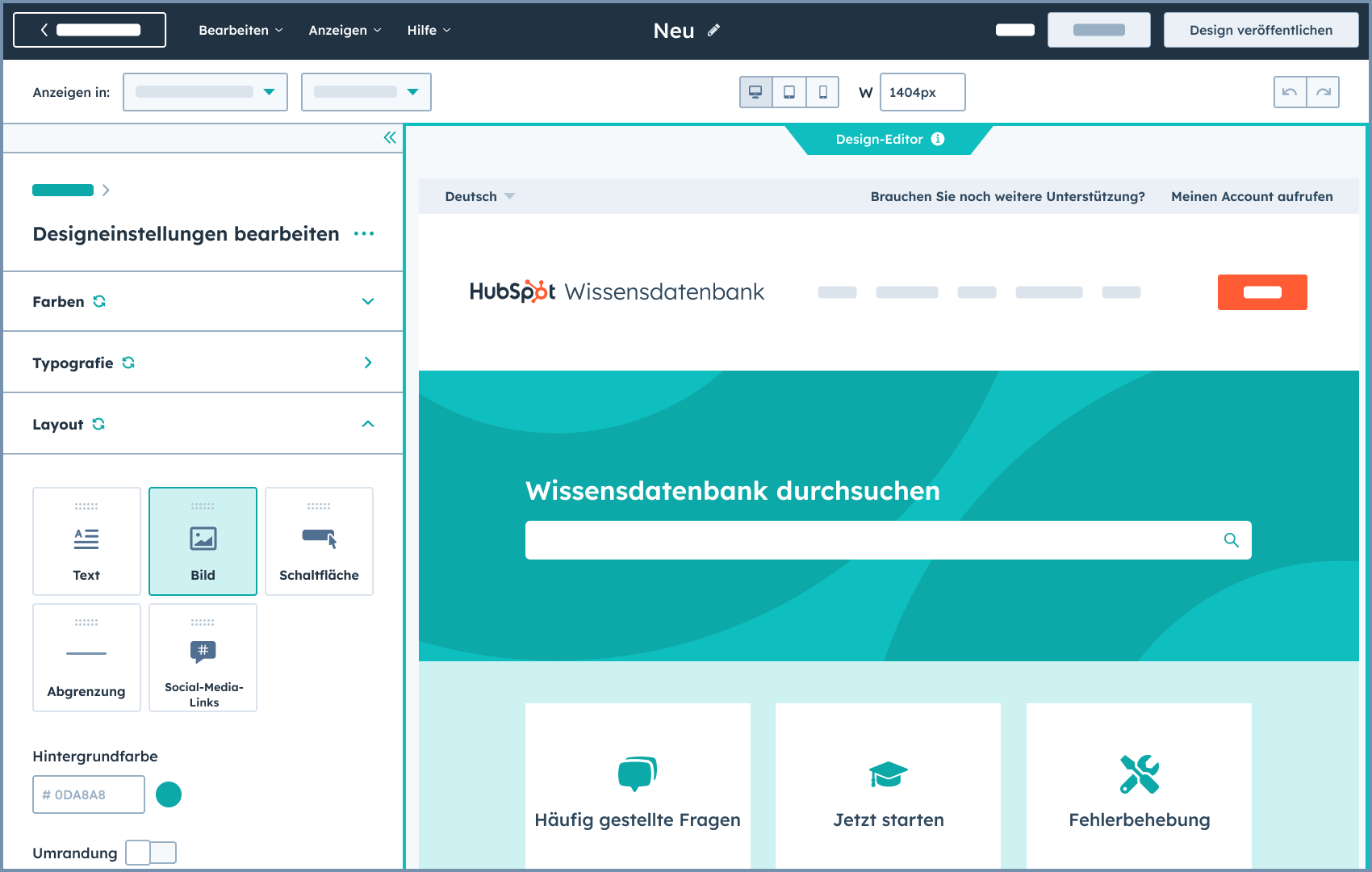 Vereinfachte HubSpot-Benutzeroberflaeche mit dem Editor fuer die Wissensdatenbank und dem Editor fuer die Designeinstellungen