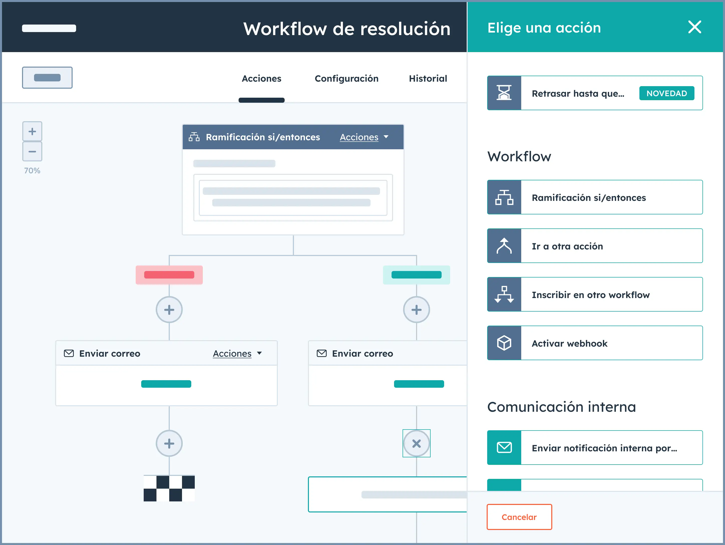 Captura de pantalla del centro de ayuda de HubSpot mostrando el workflow de resolución de un ticket.