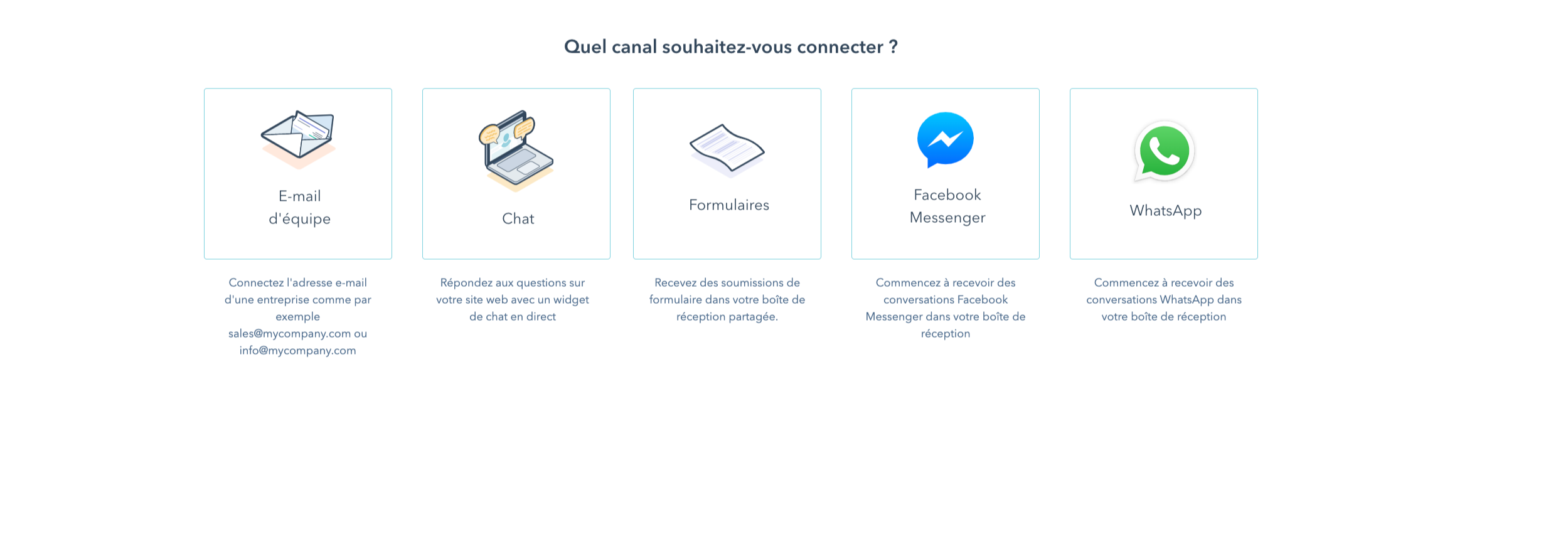 Choix des connexions HubSpot : email, chat, formulaire, messenger et WhatsApp