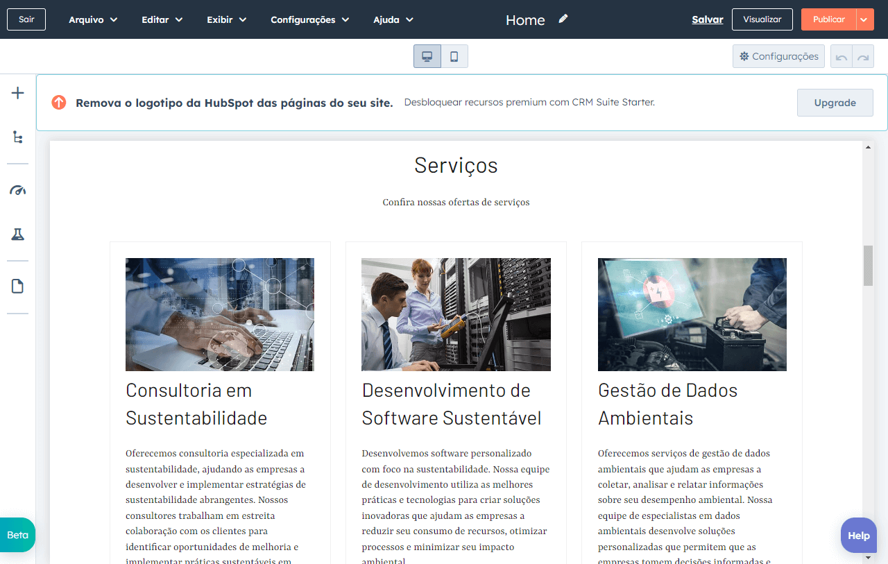 Gerador de site com IA da HubSpot mostrando exemplo de site com vários serviços disponíveis